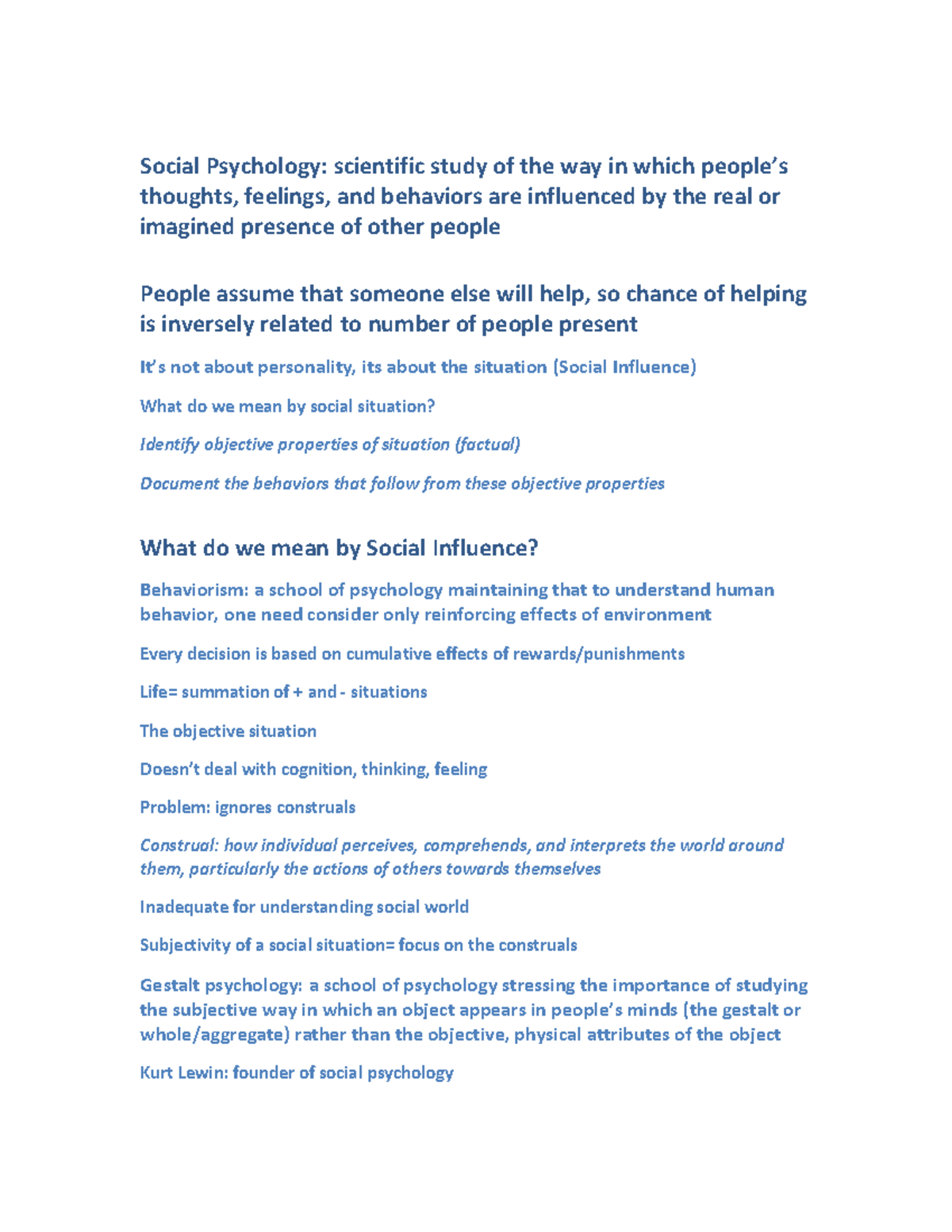 Introduction to Social Psychology - Lecture Notes - Exam 1 Review - Studocu