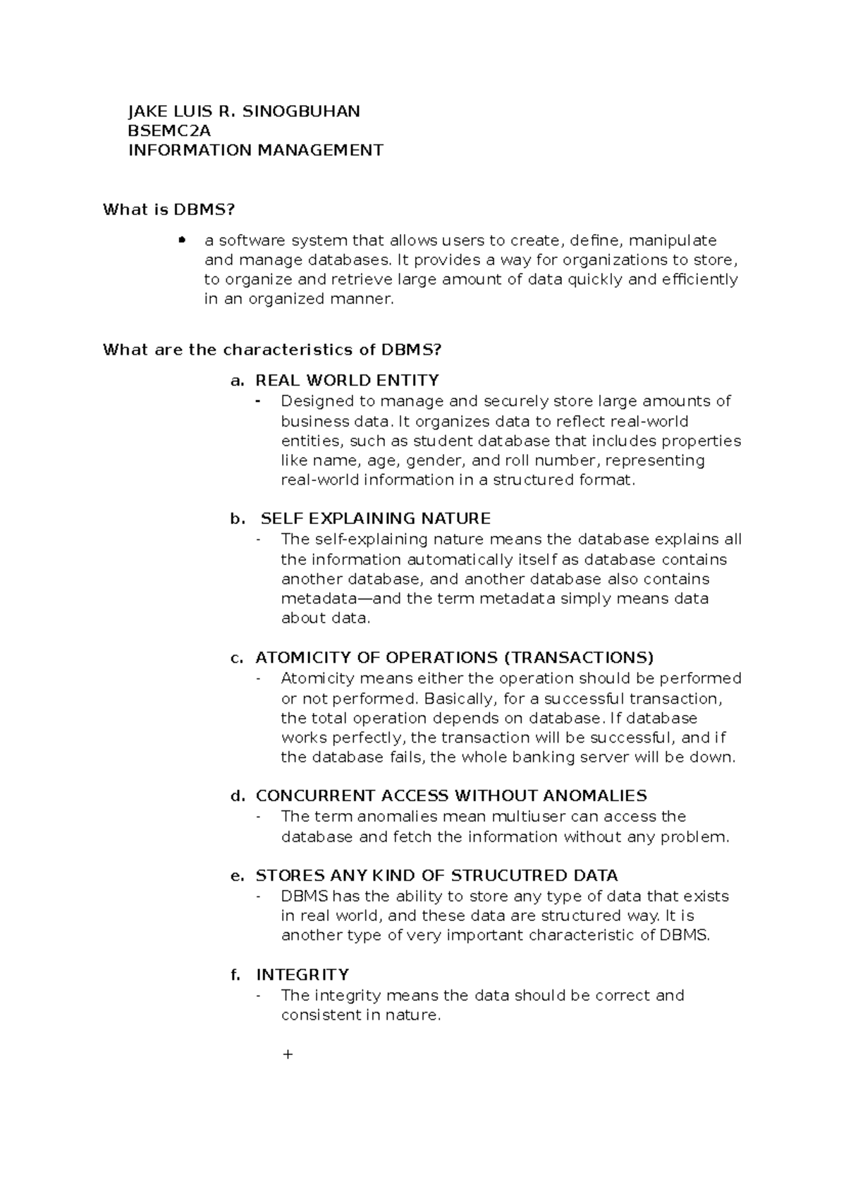 Database Management System - JAKE LUIS R. SINOGBUHAN BSEMC2A ...