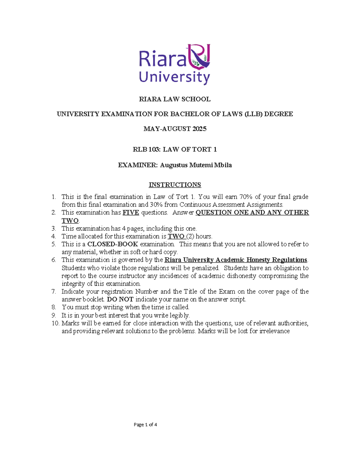 LAW OF TORT 1 FINAL EXAMINATION - RLB 103 AUGUST 2025 - Studocu