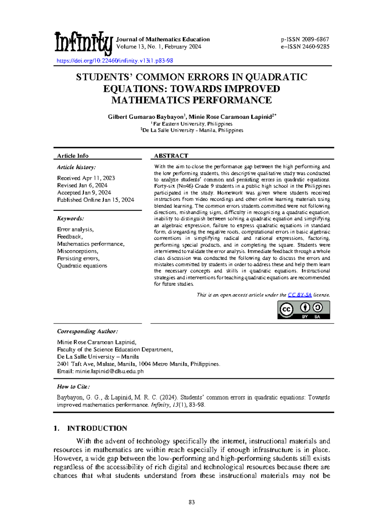 Common Errors in Quadratic Equations: An Analysis Toward Improvement ...