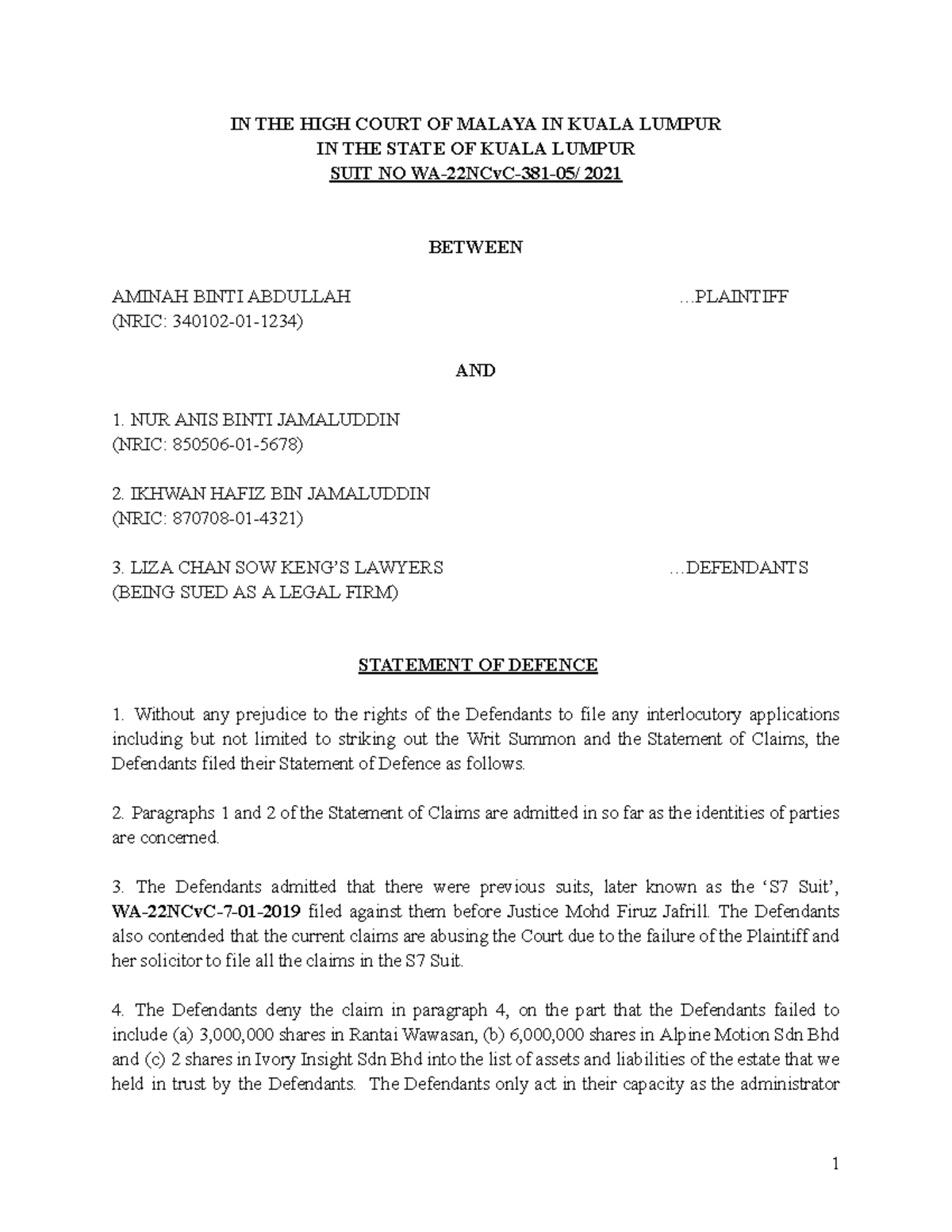Statement of Defence in Suit No WA-22NCvC-381-05/2021 - Studocu
