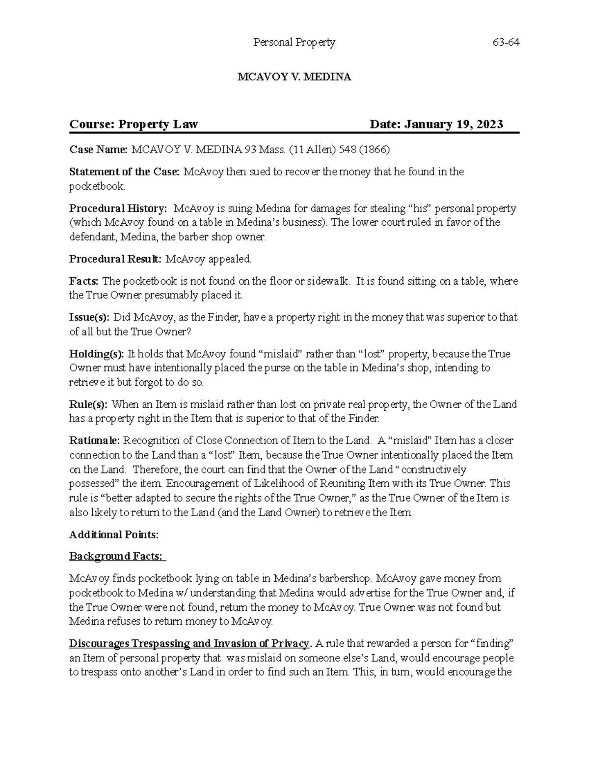 Property Law Case Study Mcavoy V Medina Brief Analysis Studocu