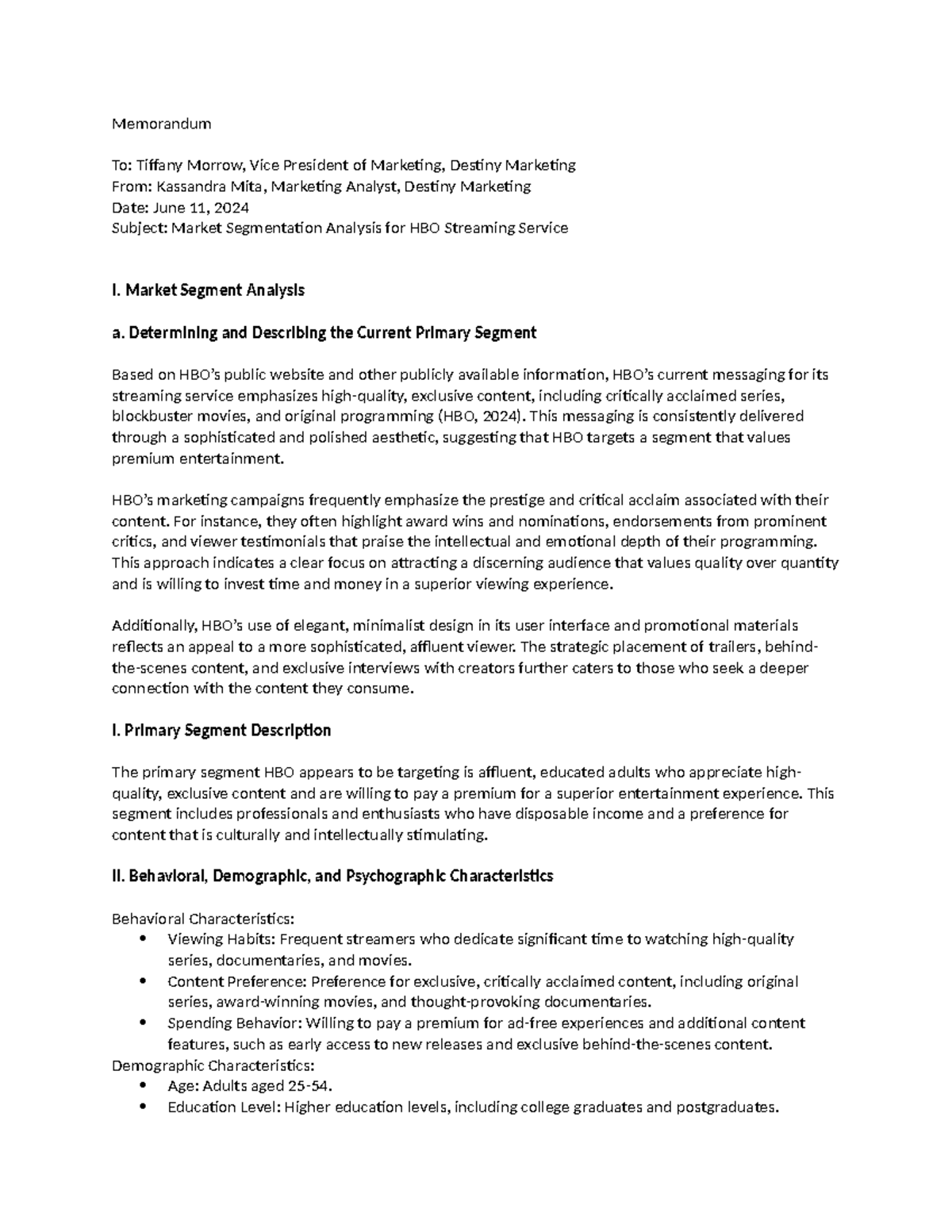 Market Segmentation Analysis Memo - HBO Streaming Service (KMITA) - Studocu