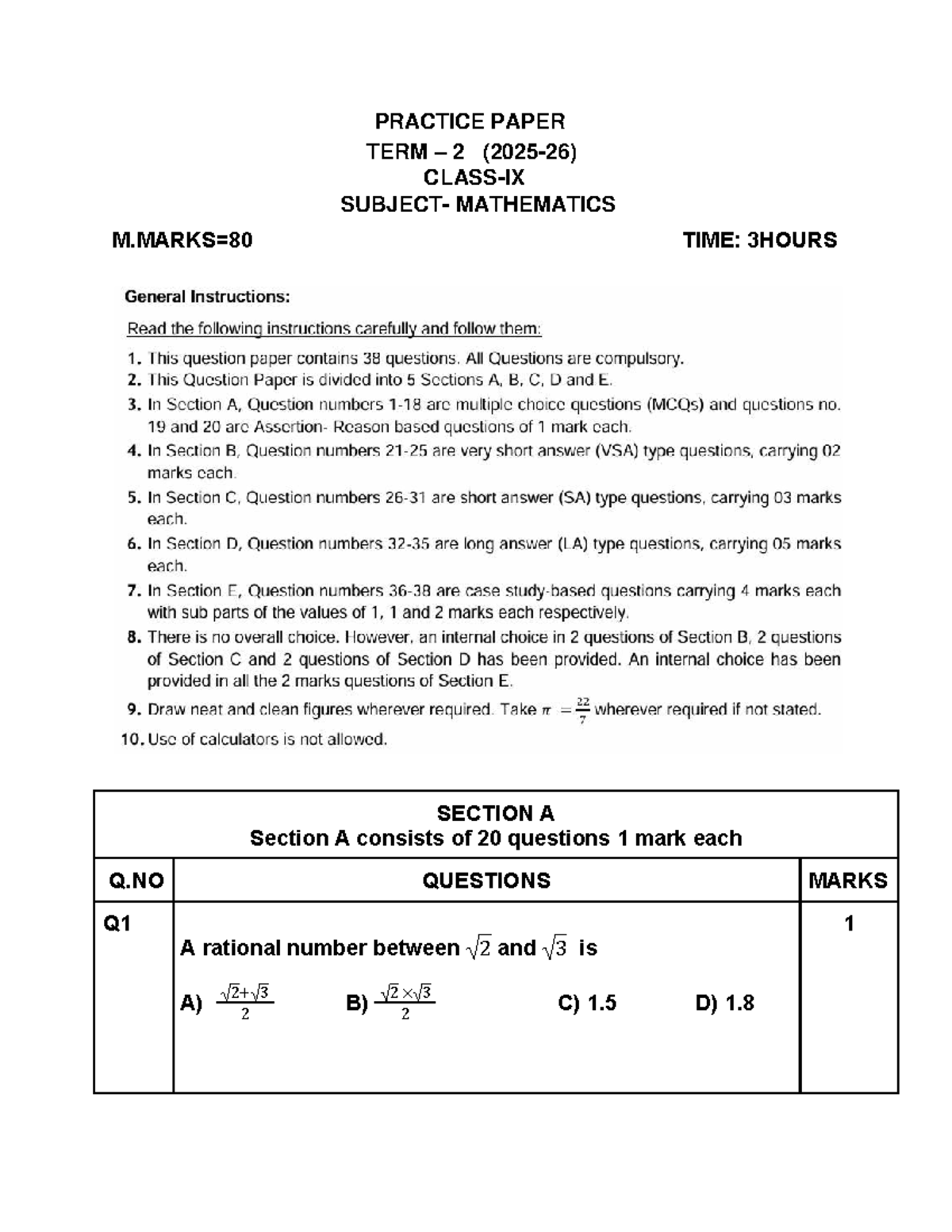 Practice Paper 1 Maths CL-9 Term 2 2025-26 - Studocu