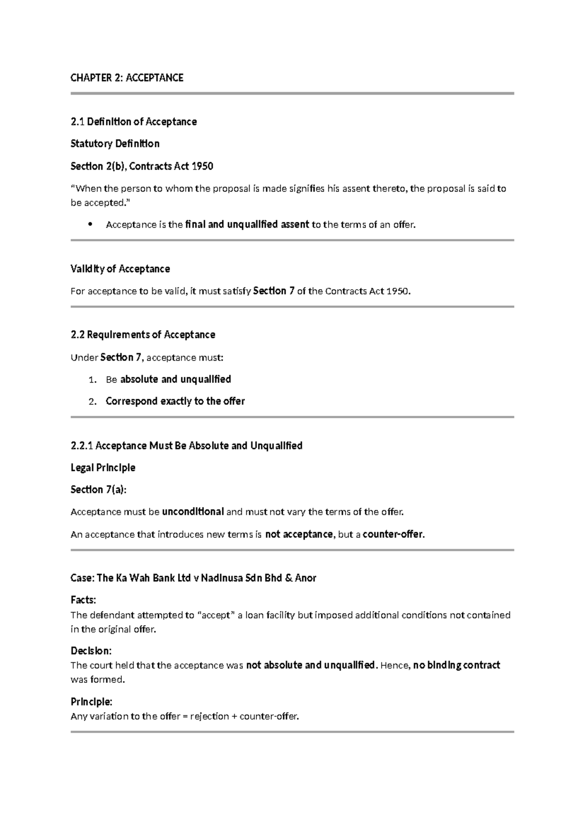 CHAPTER 2: ACCEPTANCE - Lecture Notes on Contracts Act 1950 - Studocu