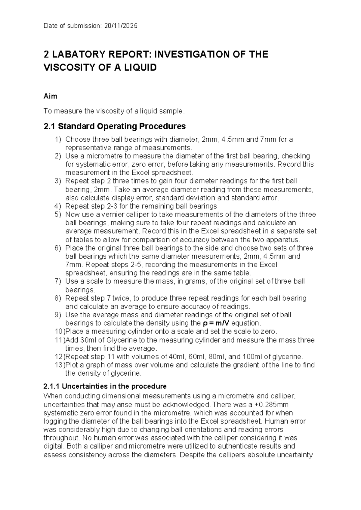 Laboratory Report: Investigation of Liquid Viscosity (Course Code: 2 ...