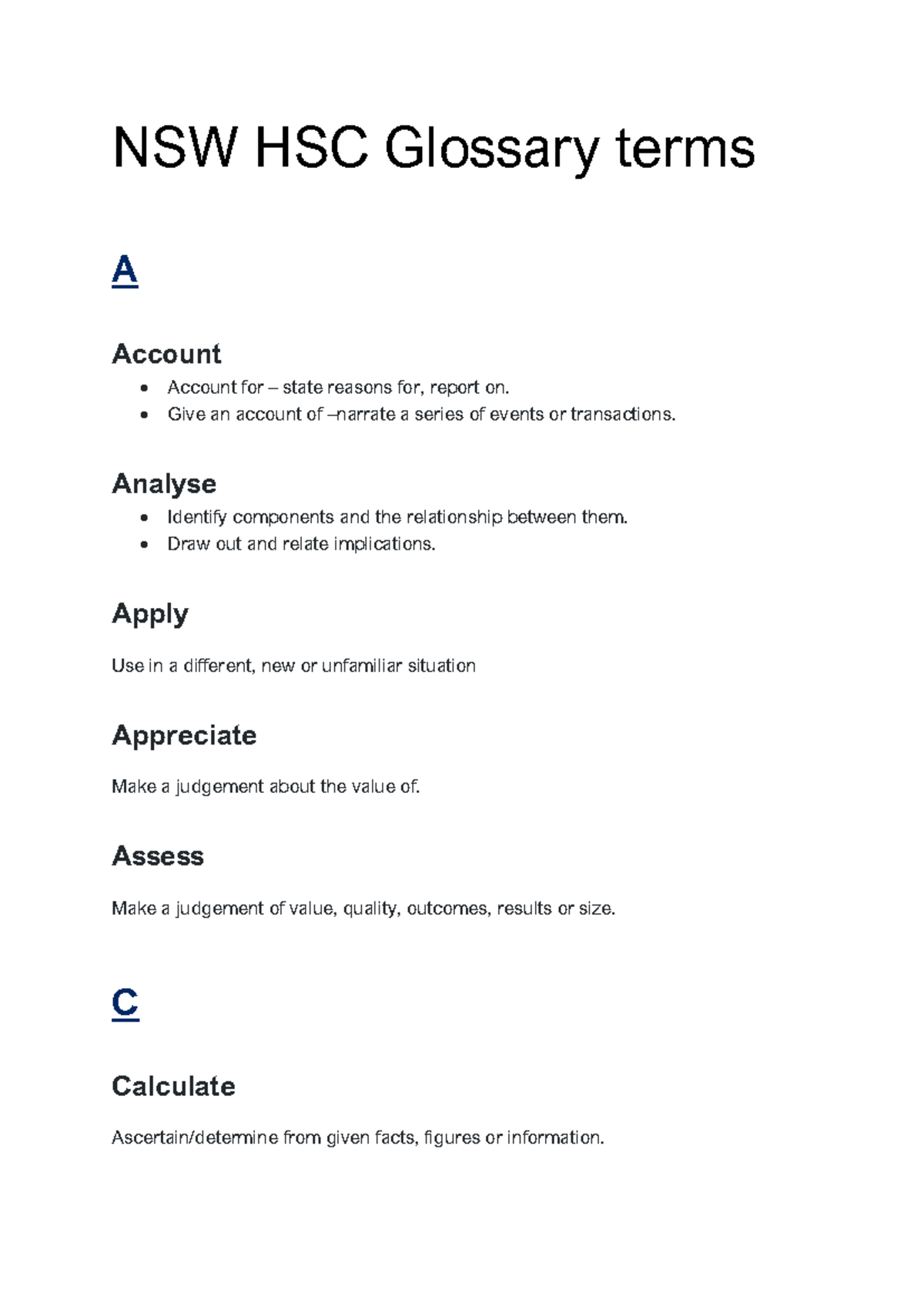 HSC NSW Glossary Terms: Key Definitions and Concepts - Studocu