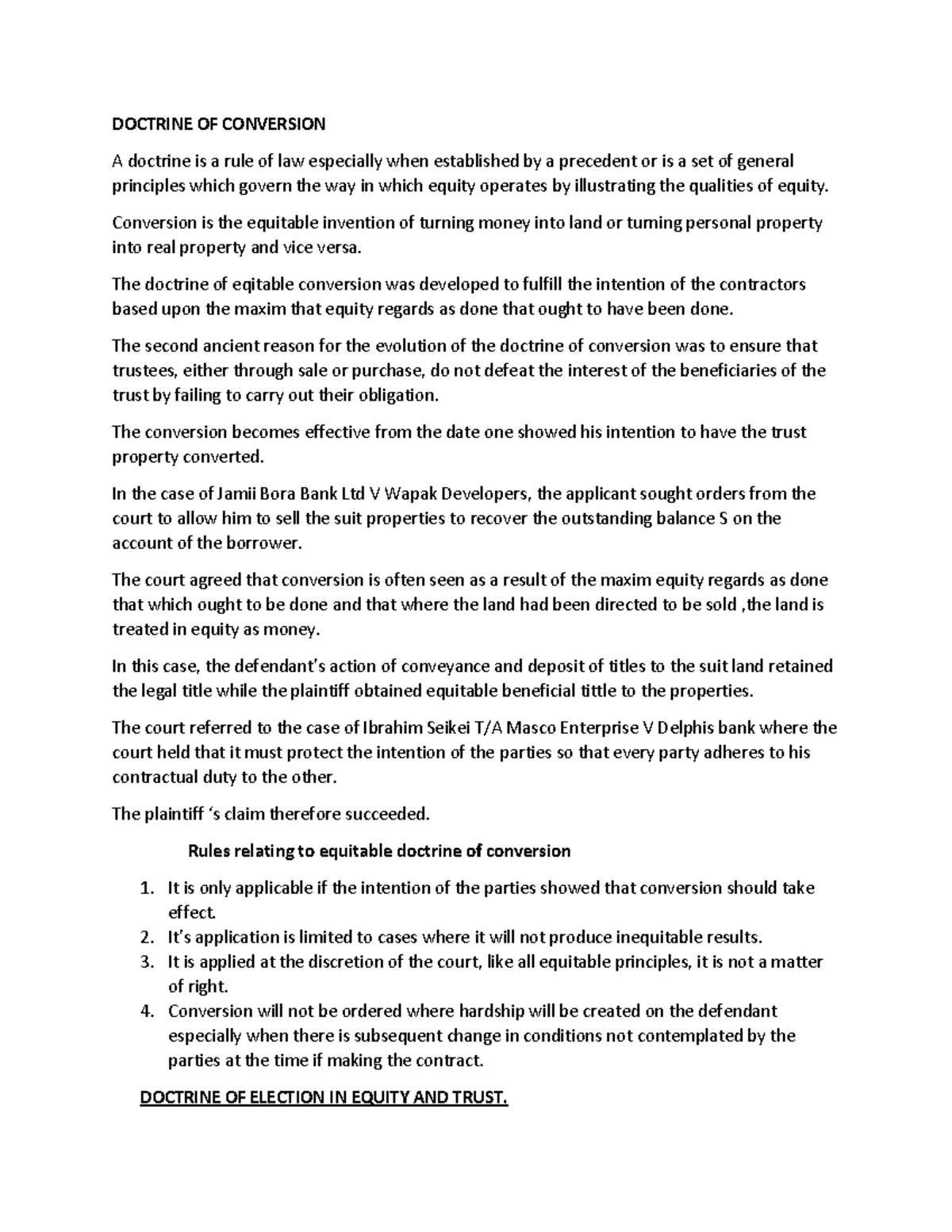 Group 2 Equity: Doctrine of Conversion and Election in Equity - Studocu
