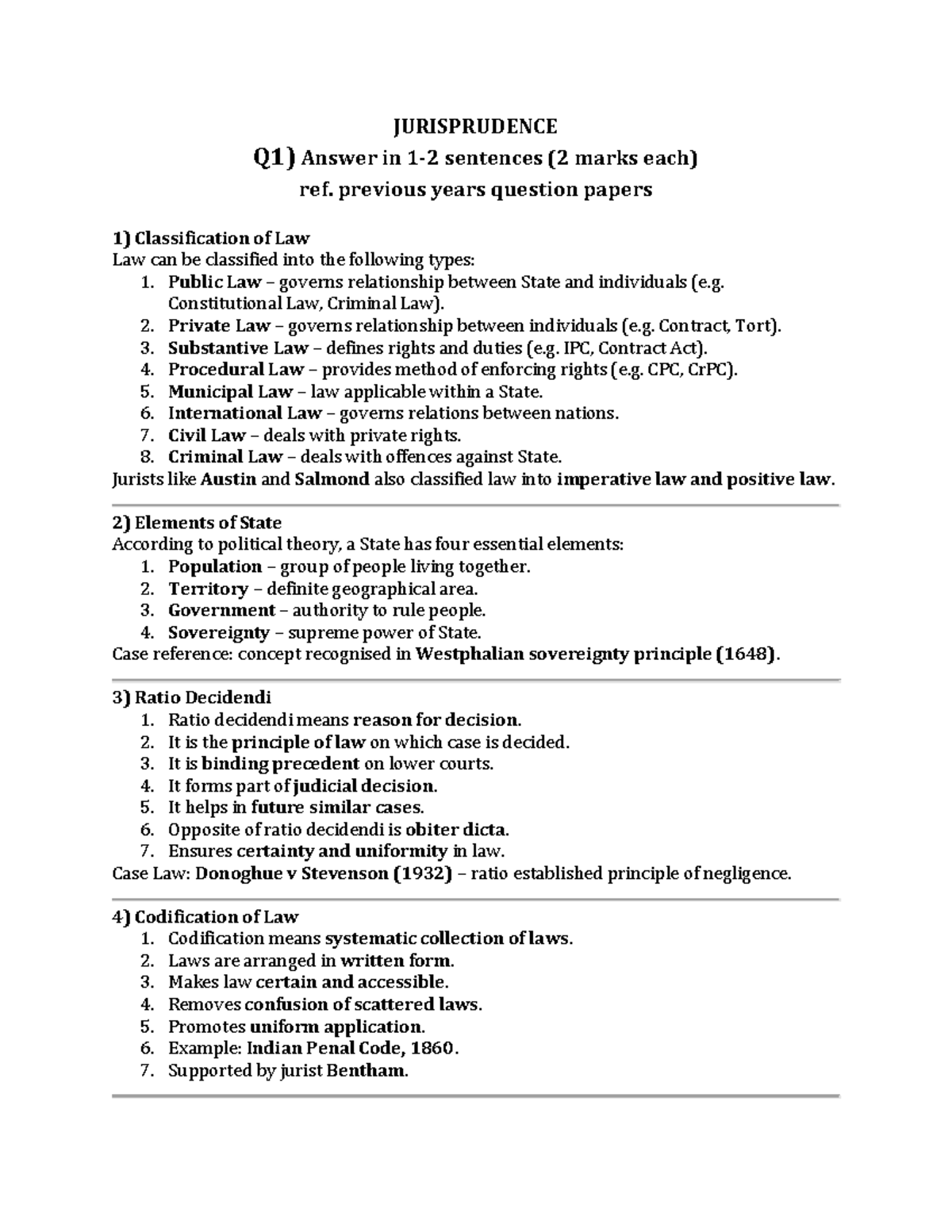 JURISPRUDENCE Q1) Key Concepts and Classifications (2 Marks Each) - Studocu