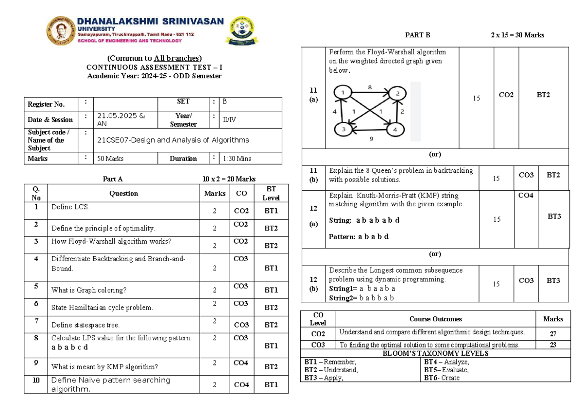 DAA SET B: Continuous Assessment Test I on Algorithms and Graphs - Studocu