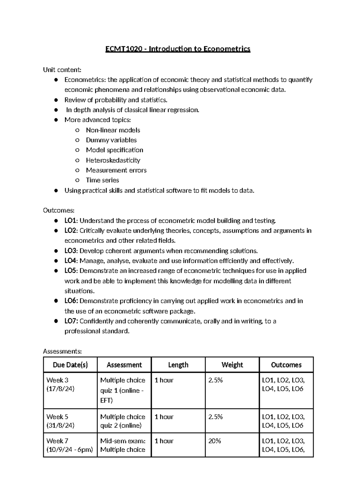 ECMT1020 Econometrics Course Outline: Key Concepts & Assessments - Studocu