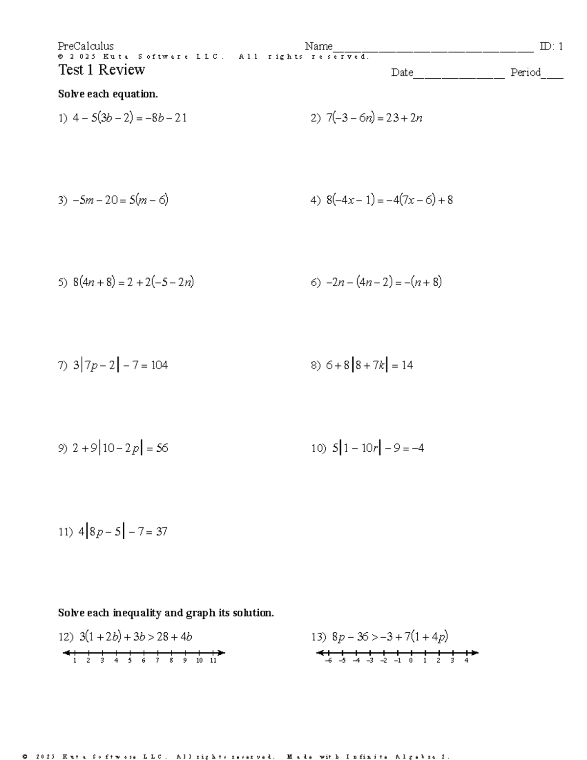 PreCalculus MATH101 Test 1 Review Worksheet by Kuta Software - Studocu