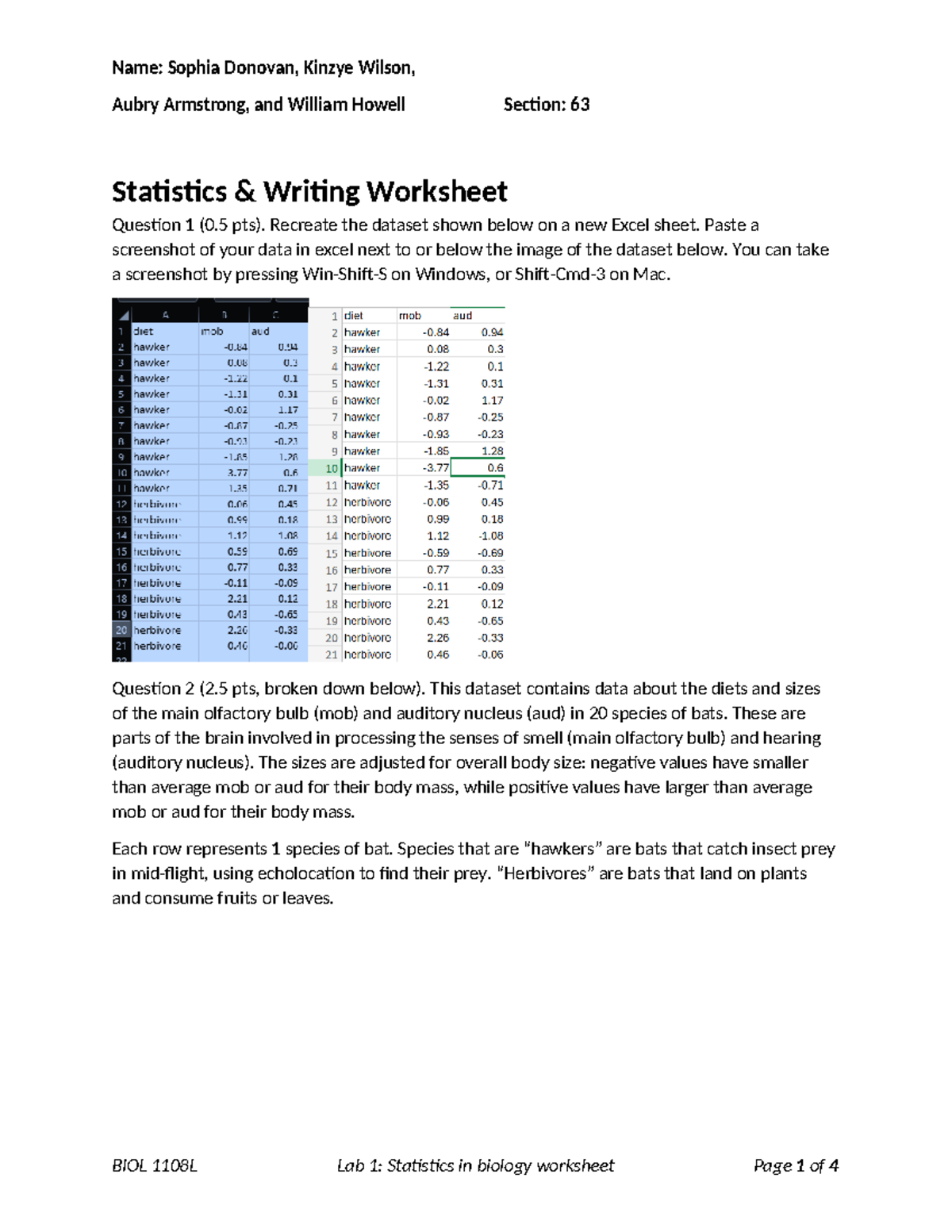 Statistics & Writing Worksheet - Aubry Armstrong, and William Howell ...