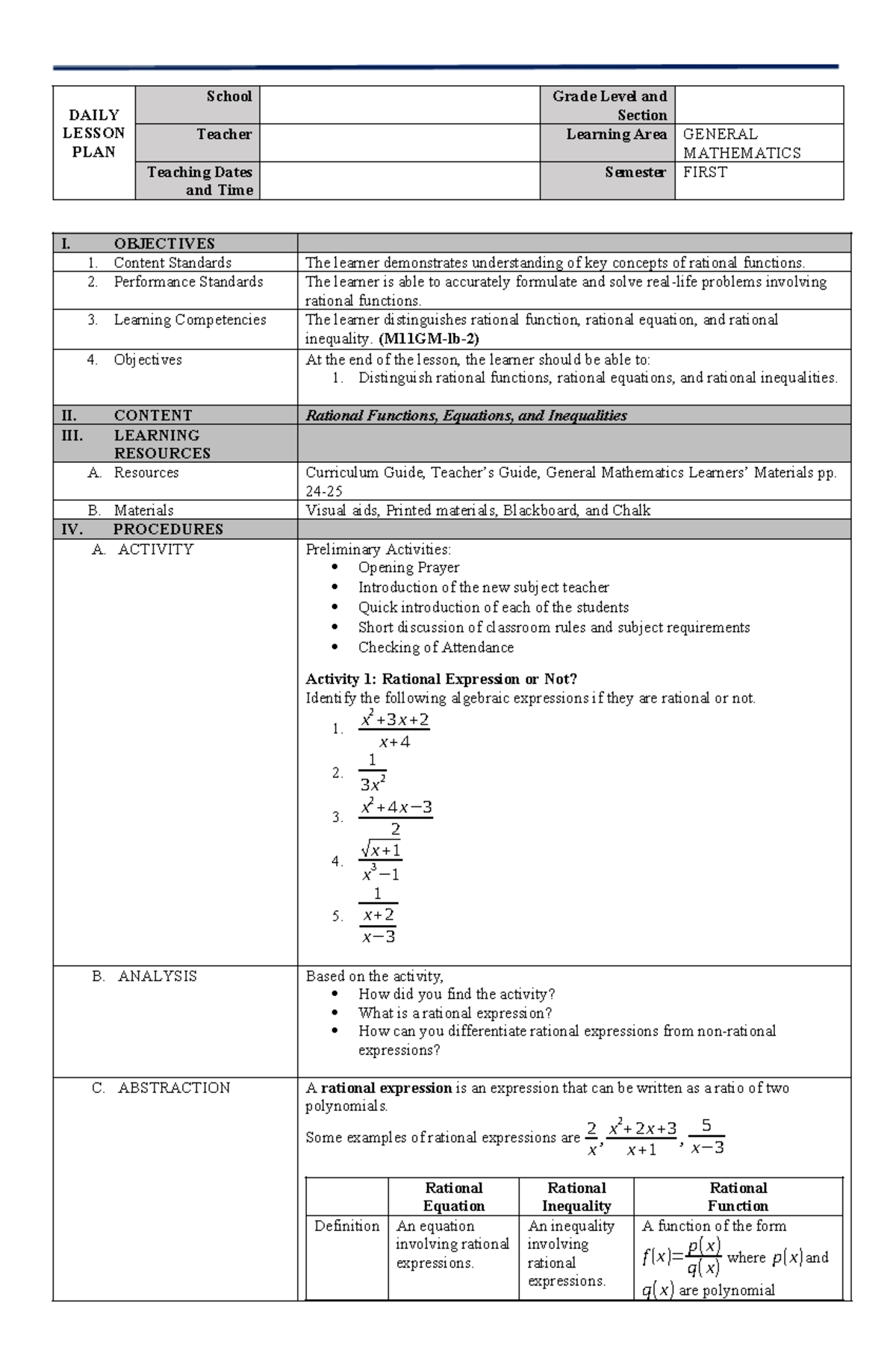 Understanding Rational Functions, Equations, and Inequalities (M11GM-lb ...