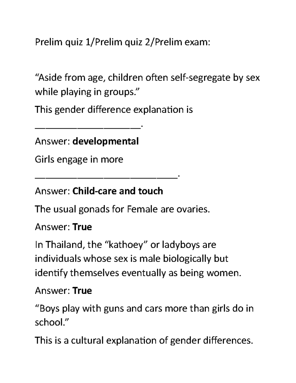 Gender and Society: Key Concepts - Prelim & Midterm Quiz Guide - Studocu