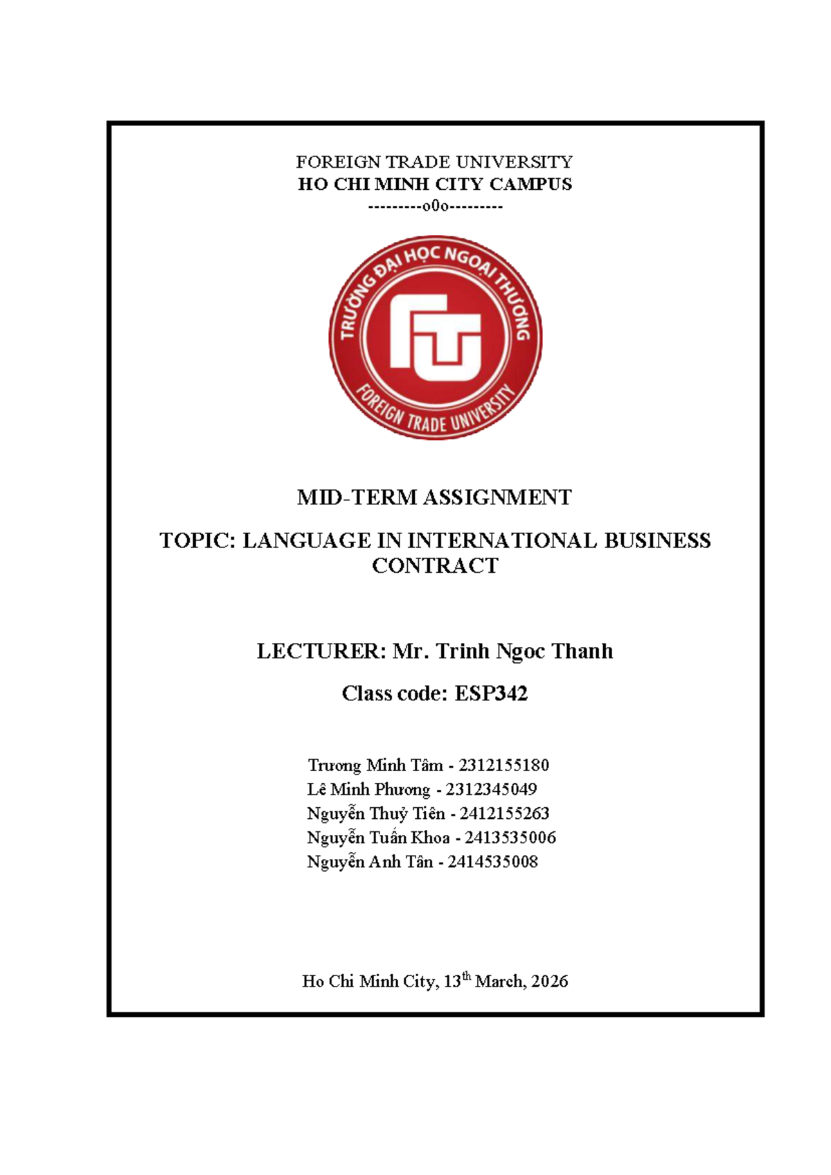 ESP342 Assignment: Language in International Business Contracts - Studocu