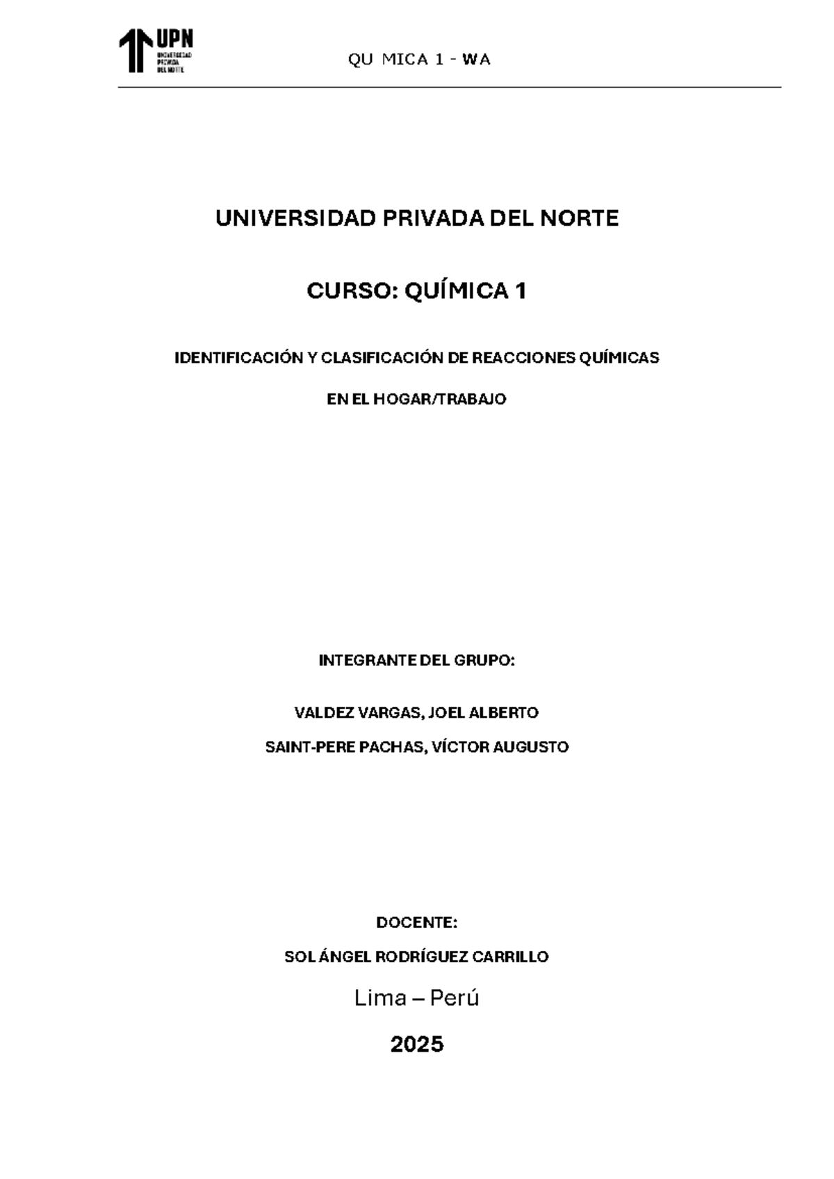 Química 1 WA: Informe de práctica de campo sobre reacciones químicas - Document Preview