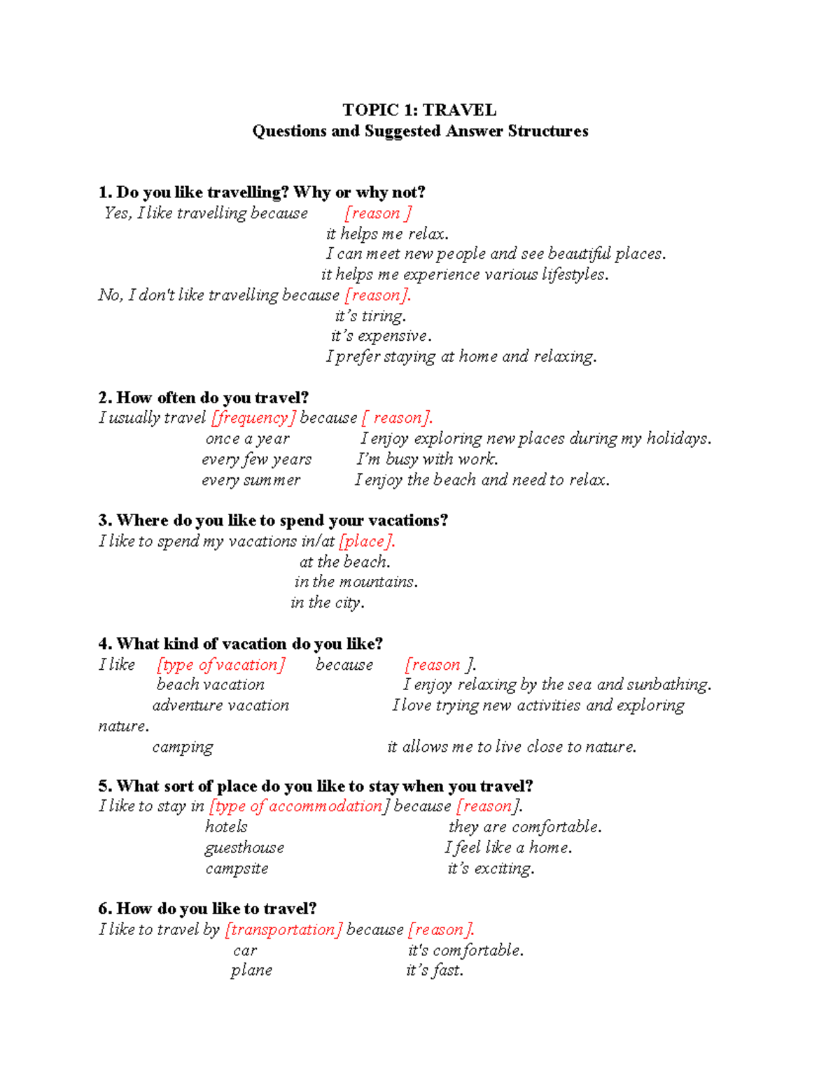 ENG 101: Travel Questions & Suggested Answer Structures - Studocu