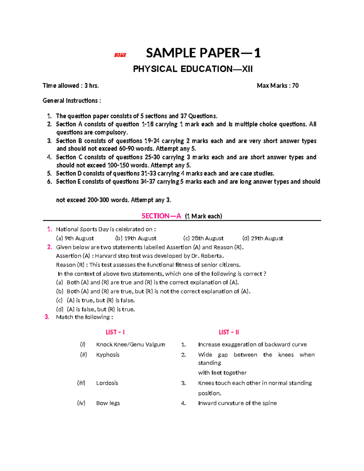 SP Physical 12 Sample Papers - SAMPLE PAPER— 1 PHYSICAL EDUCATION—XII ...