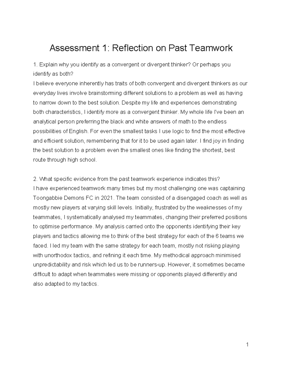 COMM 1120 Reflection Assignment on Teamwork and Thinking Styles - Studocu