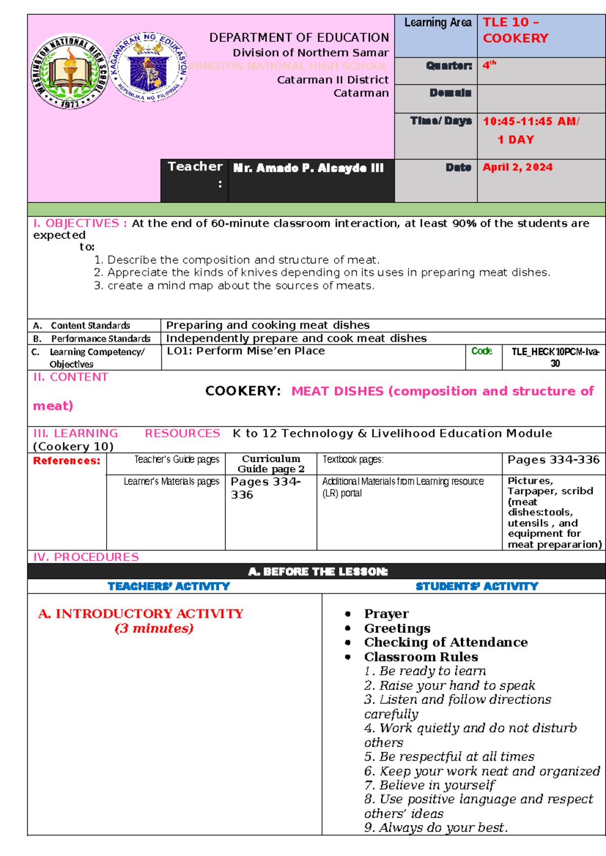 Lesson Plan for Grade 10 TLE - Cookery (Meat Dishes) - Studocu