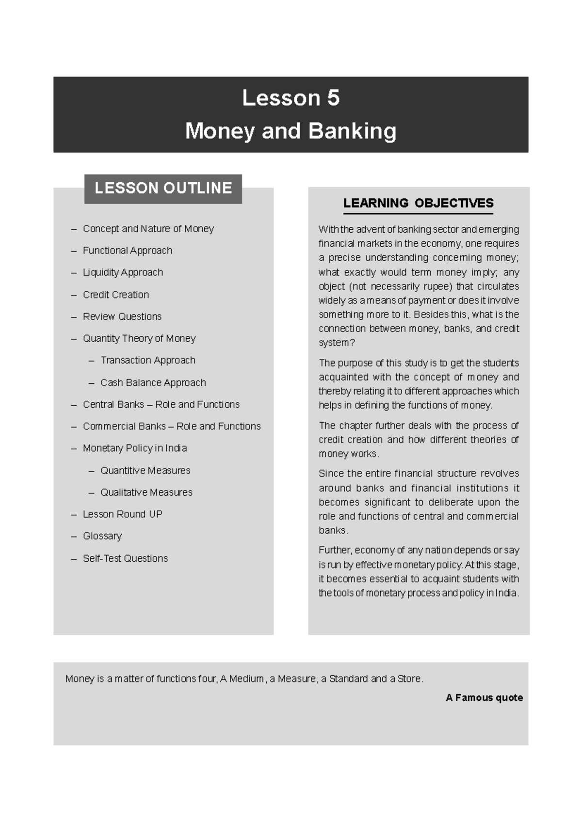 Lecture Notes: Money and Banking (5) - Concepts & Approaches - Studocu
