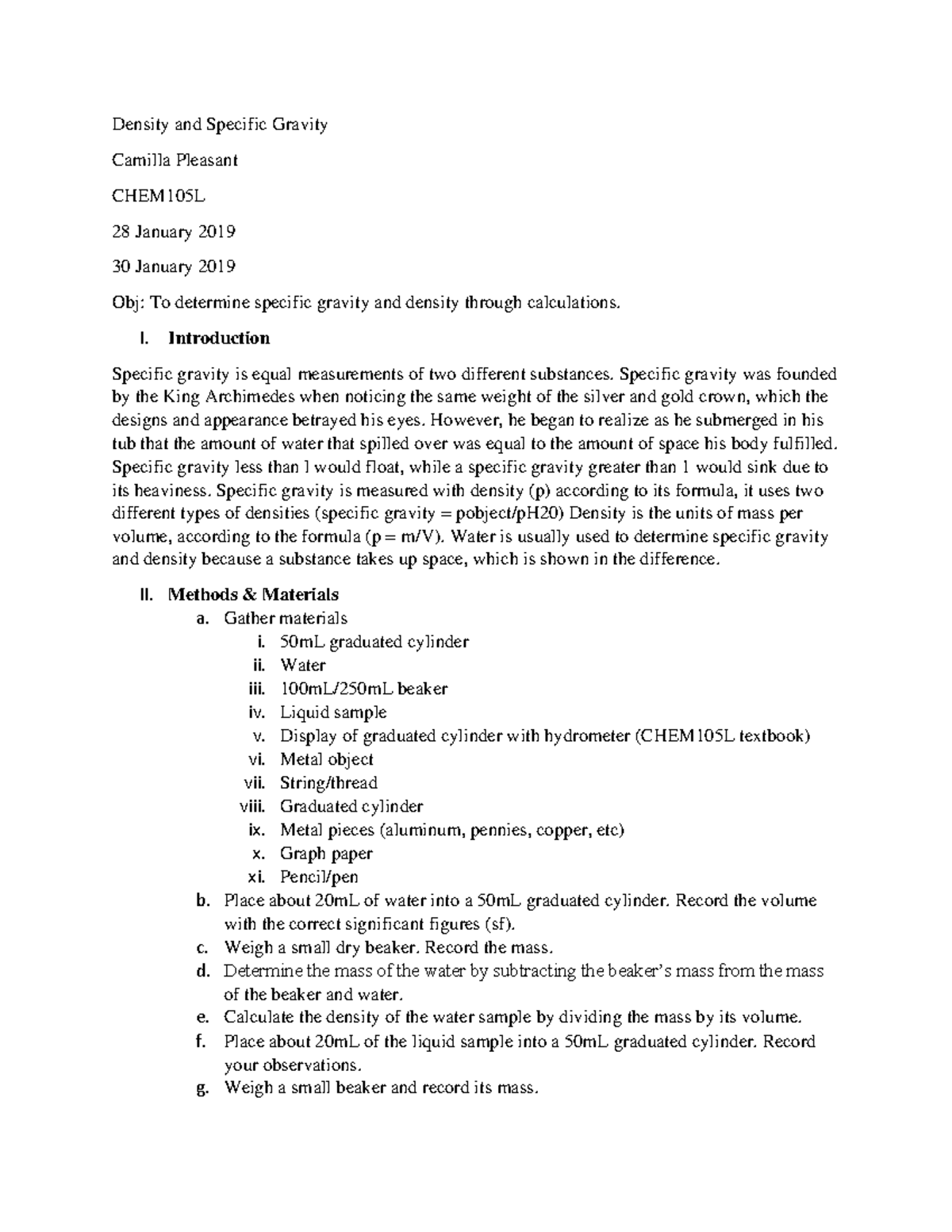 Lab Report 3: Density & Specific Gravity Analysis - CHEM105L - Studocu
