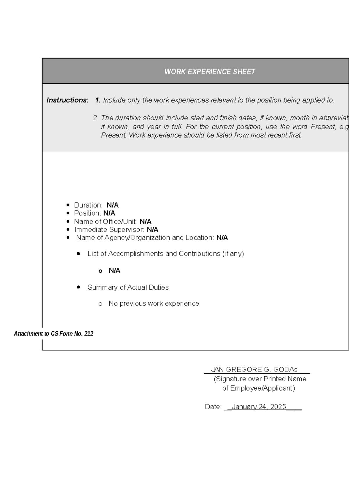 CS Form No. 212 Attachment - Work Experience Sheet - WORK EXPERIENCE ...