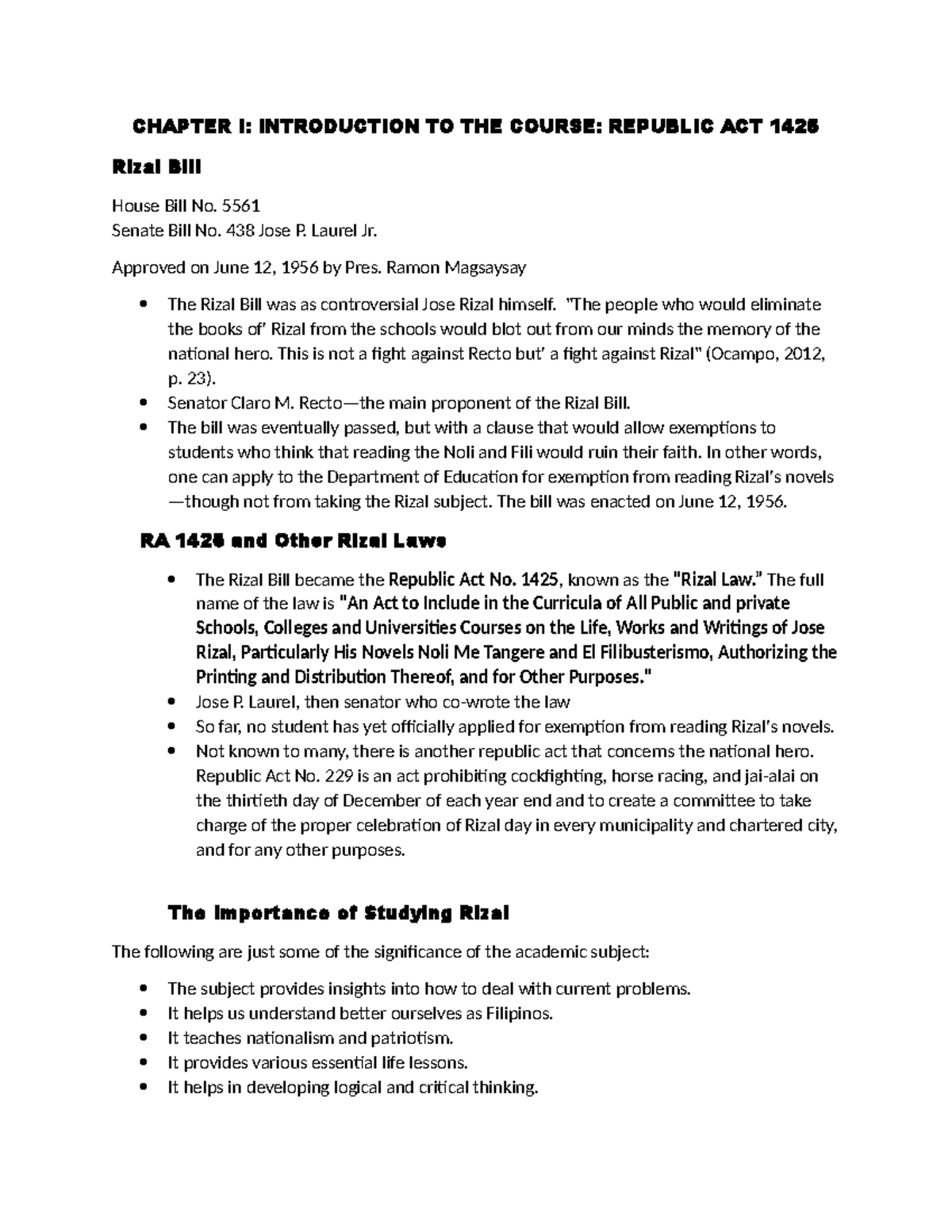 Rizal reviewer chapt 1-5 - CHAPTER I: INTRODUCTION TO THE COURSE ...