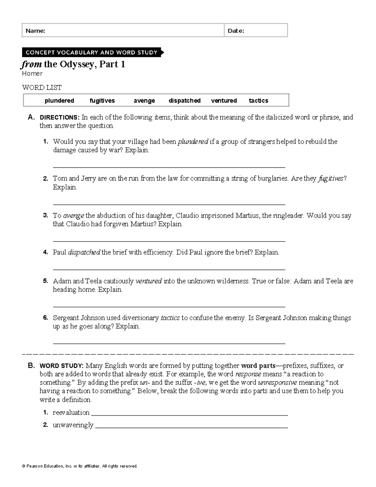 Part 1 vocabulary The Odyssey - Pearson - Name: Date: from the Odyssey ...