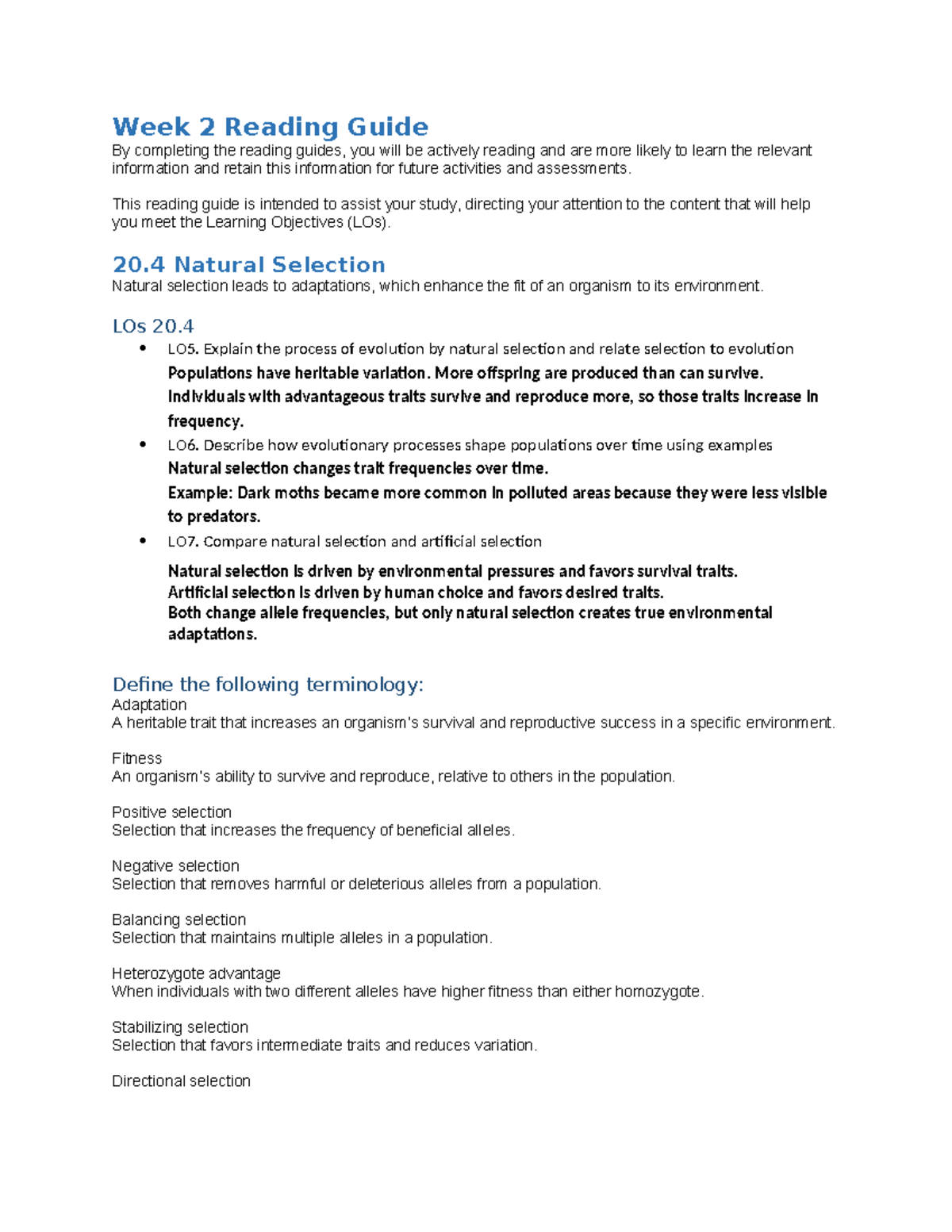 06 S26 Week 2 Reading Guide: Natural Selection & Evolution Concepts ...