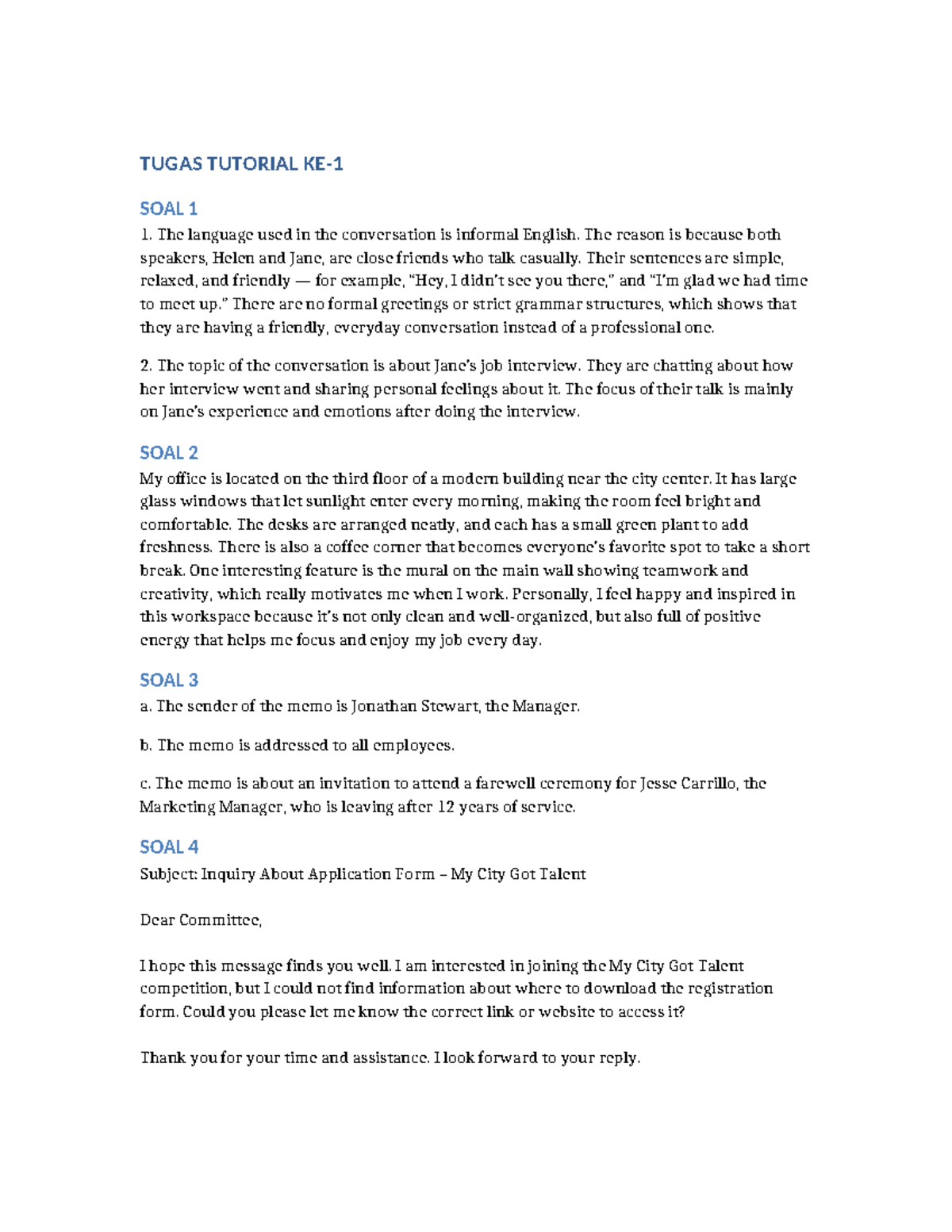 TUGAS TUTORIAL KE1: Informal Conversations & Office Environment - Studocu