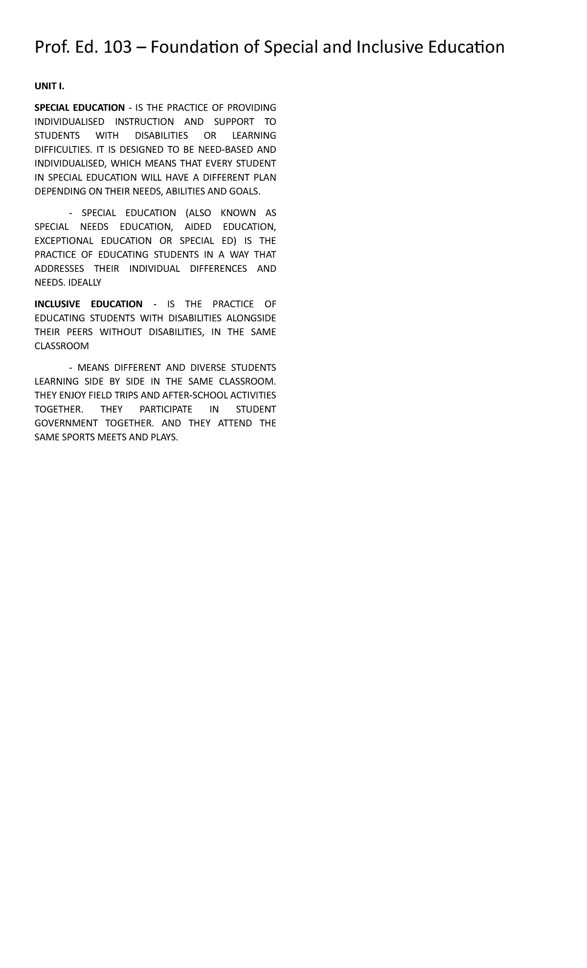 Prof. Ed. 103 Midterm Reviewer: Foundations of Special Education - Studocu