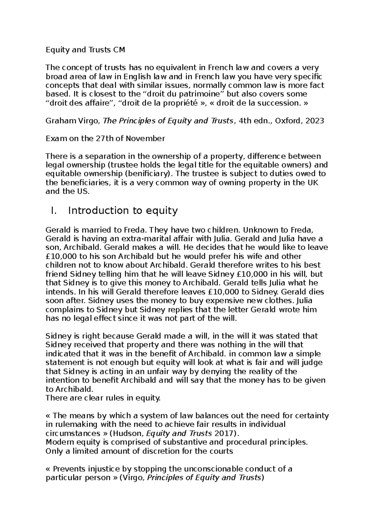 Equity and Trusts CM - Lecture Notes by Prof. Taylor S1 - Studocu