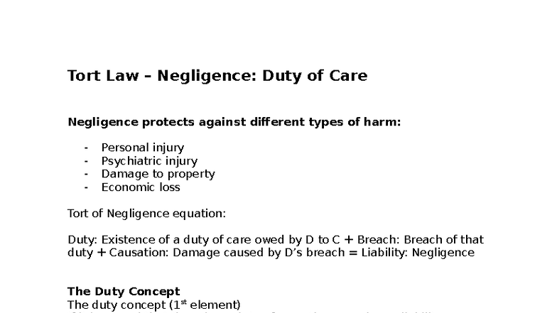 Tort Law (LAW101): Negligence and the Duty of Care Explained - Studocu