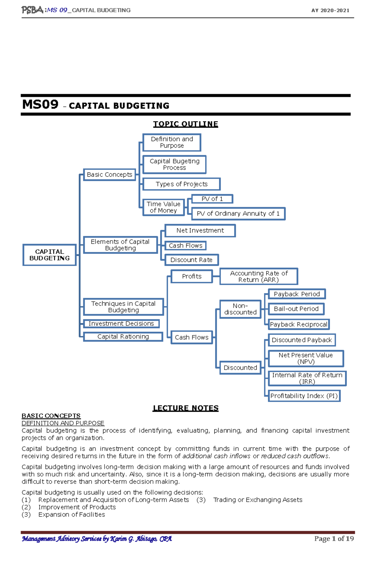 PSBA: MS 09 Capital Budgeting Comprehensive Lecture Notes and Review ...