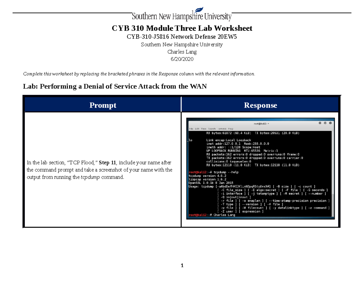 CYB 310 Module Three Lab: Network Defense Techniques Worksheet - Studocu