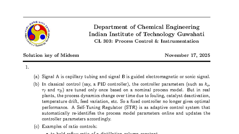 CL 303: Process Control Instrumentation Midsem Solution Key - Nov 2025 ...