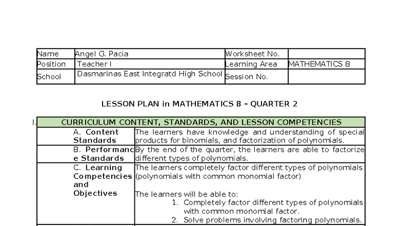 MATHEMATICS 8 Lesson Plan: Factoring Polynomials with CMF - Studocu