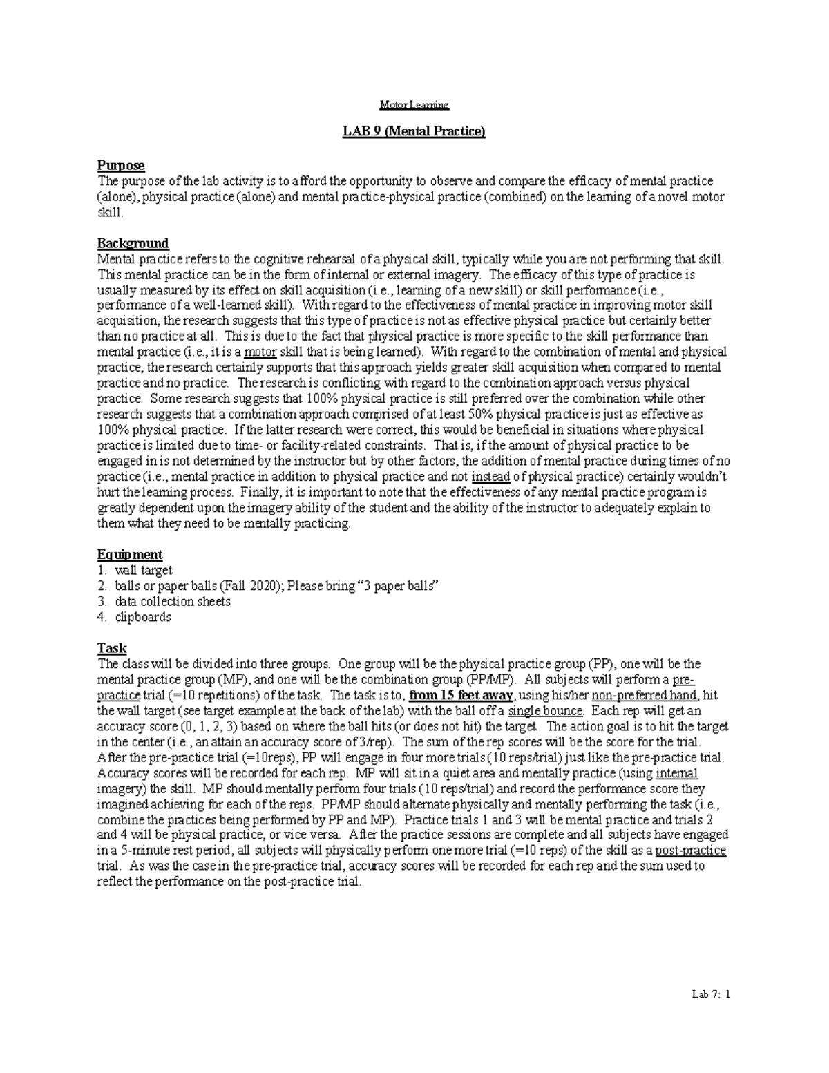 Lab 9: Motor Learning - Efficacy of Mental vs Physical Practice - Studocu