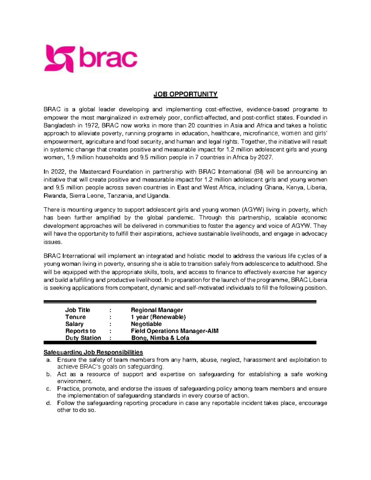 AIM Regional Manager Job Opportunity at BRAC Liberia - Studocu