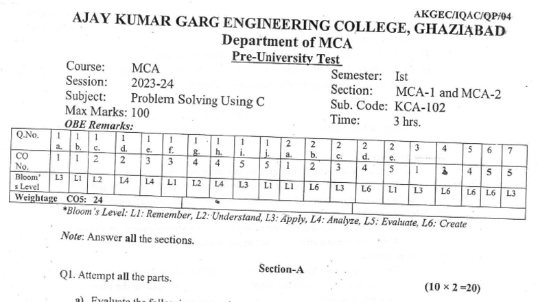 MCA KCA-102 ODD 2023-24 Problem Solving Using C Test Questions - Studocu