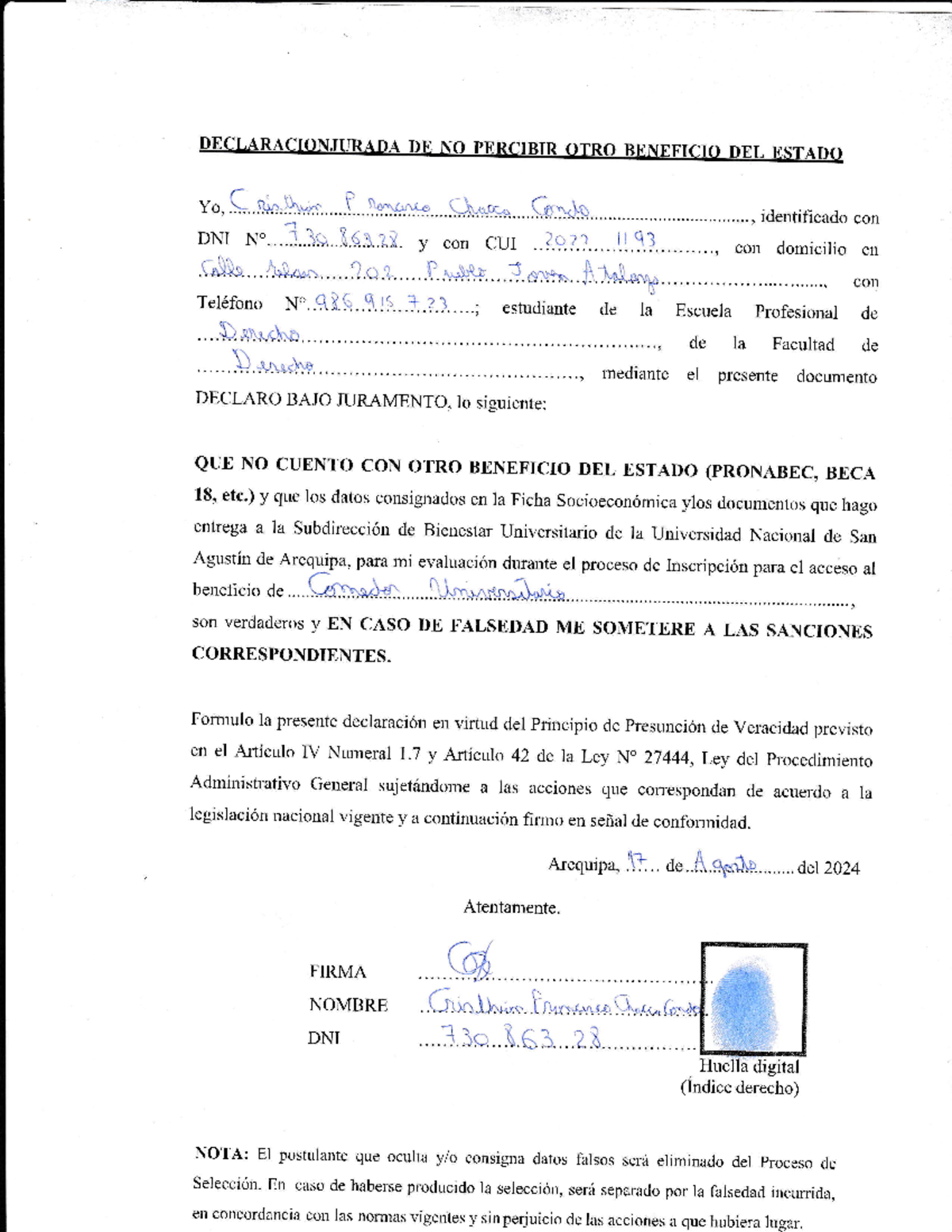Declaración Jurada de No Percibir Otro Beneficio del Estado 20240817 ...