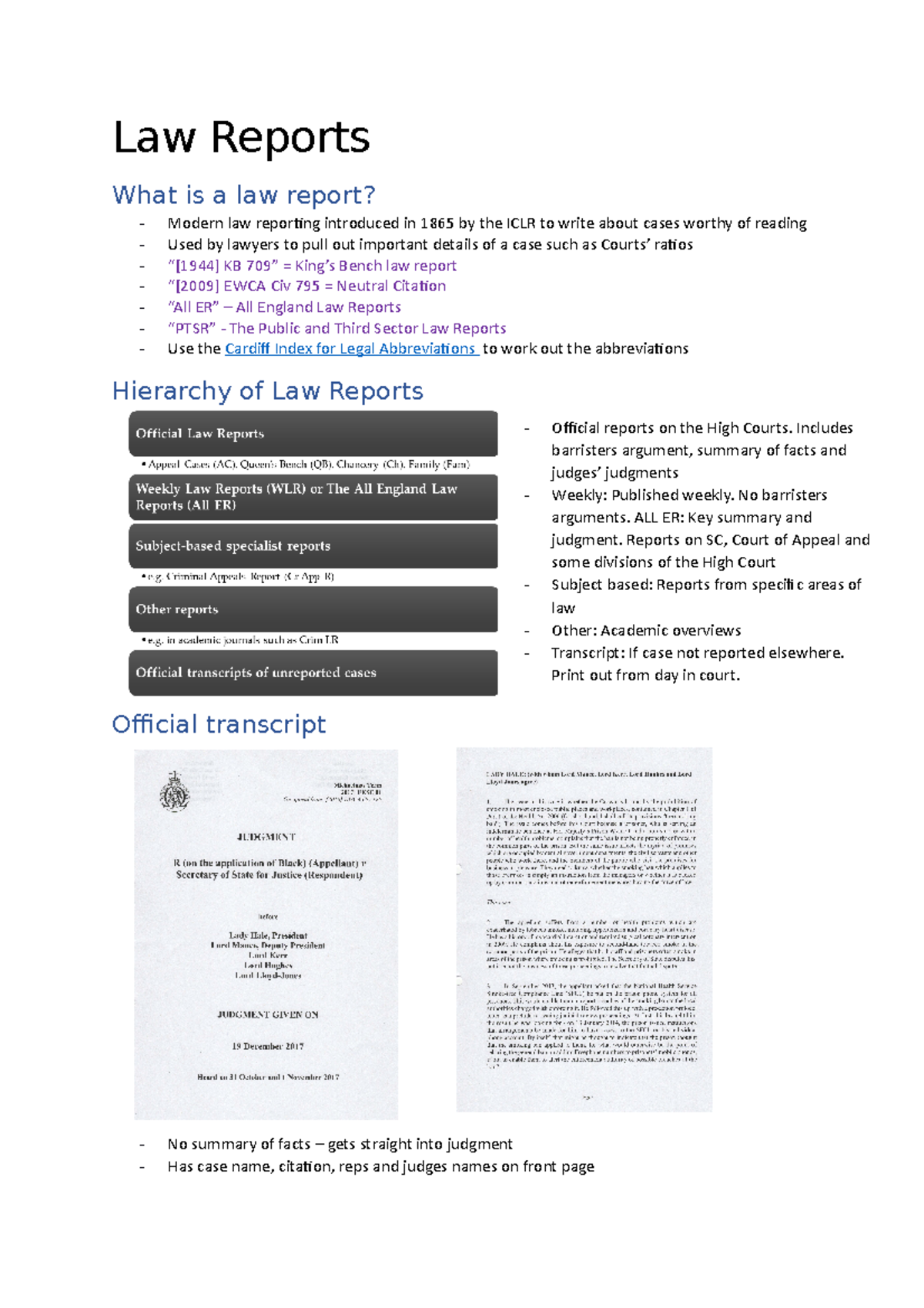 Law Reports - Key Notes on Hierarchies and Citations - Studocu
