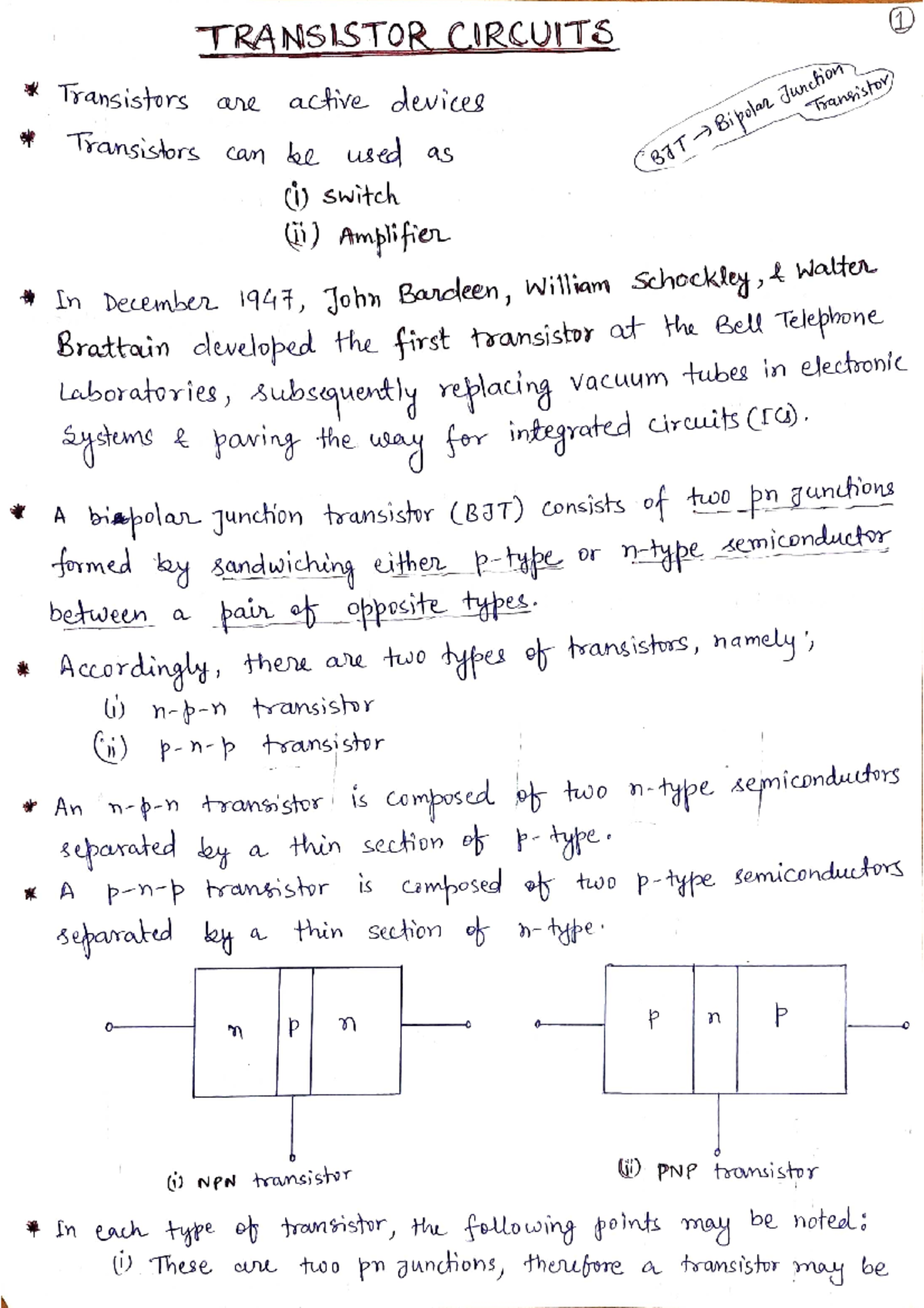 Transistor Circuits: Handwritten Notes for Final Exam (ENGG 101) - Studocu