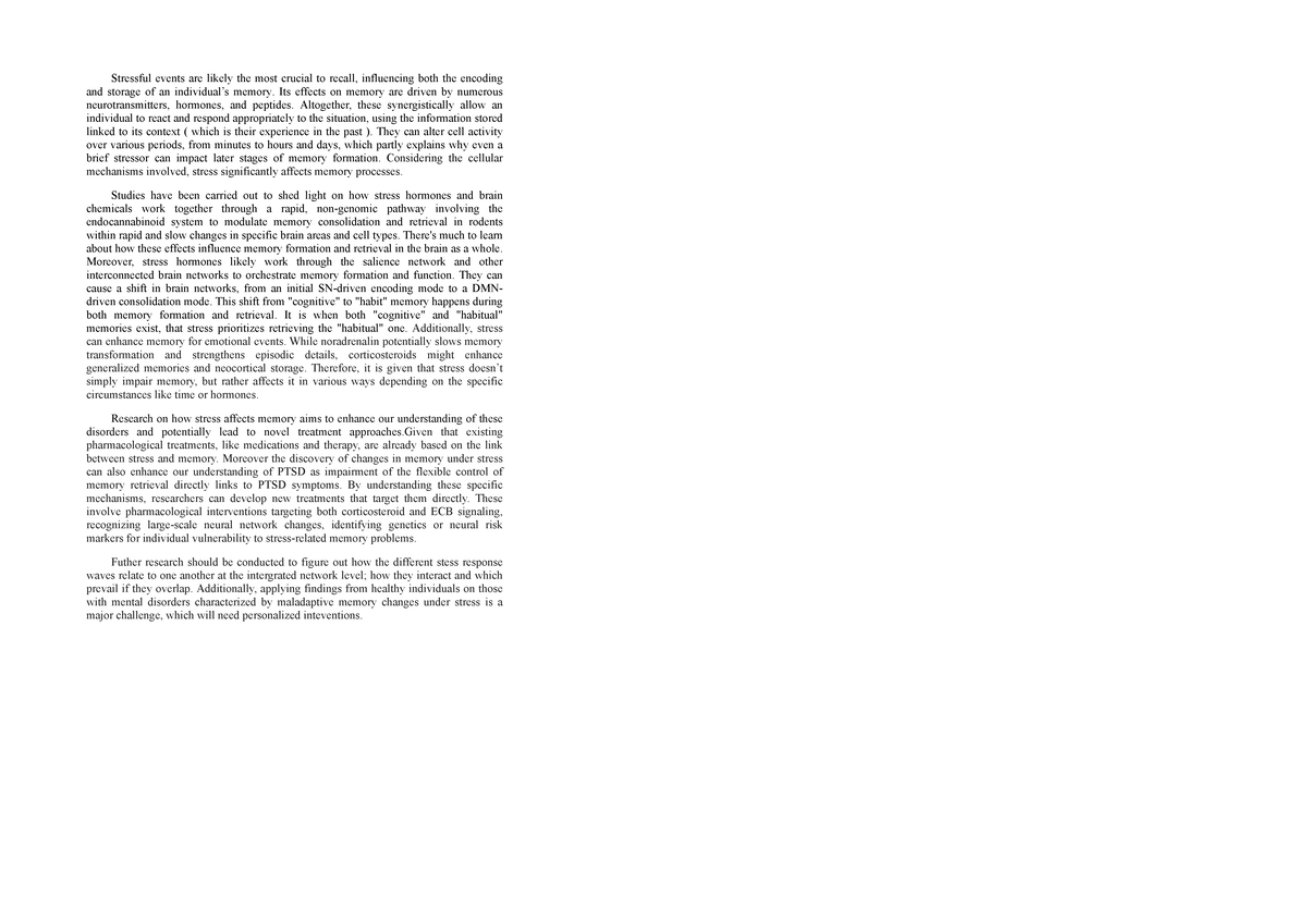 Summary of stress related to neuron and brain memory - Stressful events ...