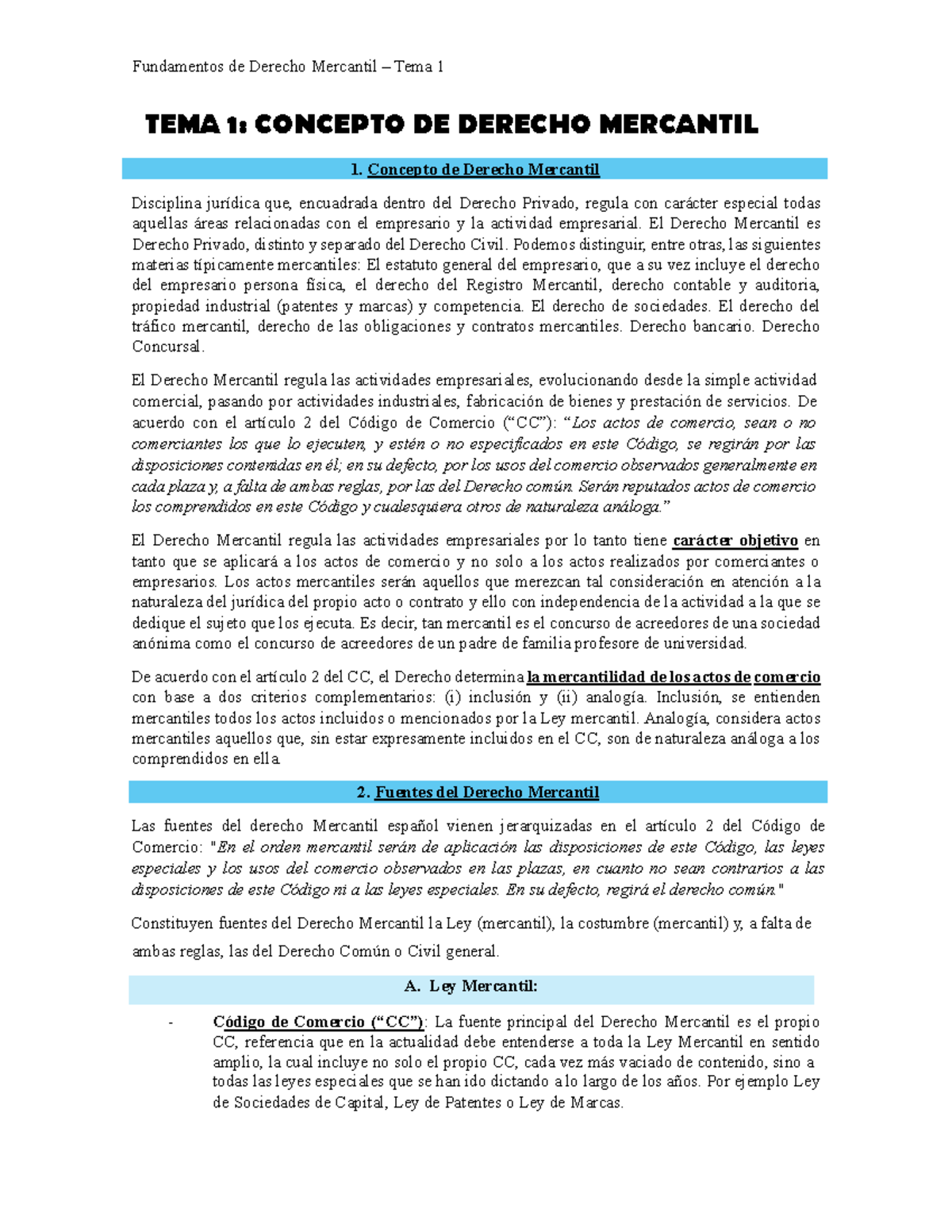 Fundamentos de Derecho Mercantil - Tema 1: Conceptos Clave y Fuentes ...