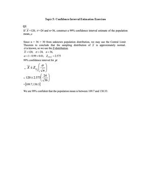 Topic 5: Confidence interval estimation solutions (Q1-Q5) - Studocu