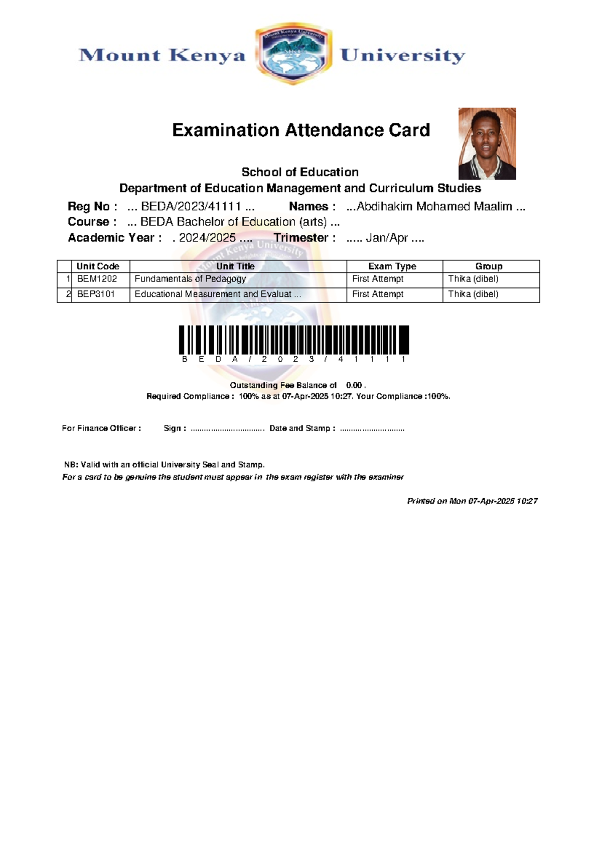 Exam Card BEDA 2023 41111 2025Apr07 - Examination Attendance Card ...
