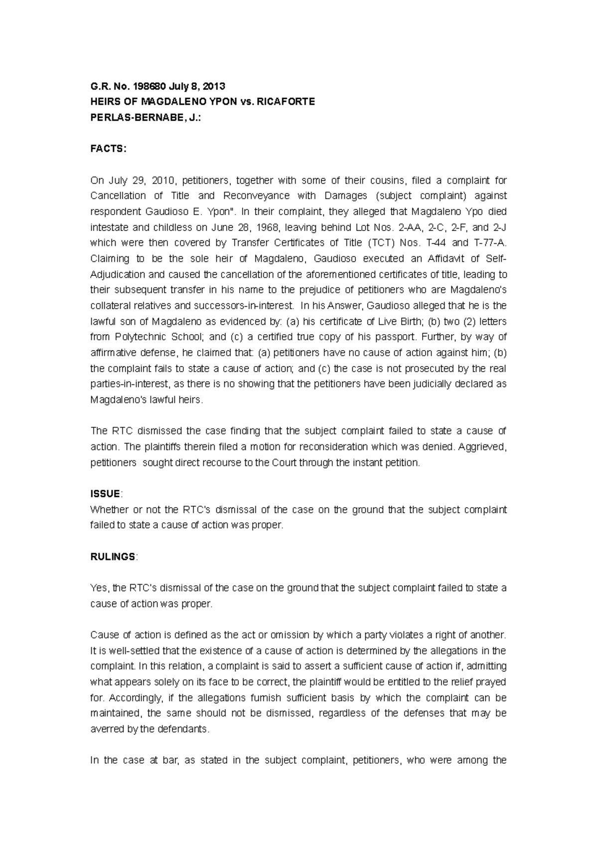G.R. No. 198680: Heirs of Magdaleno Ypon vs. Ricaforte J. - Case ...